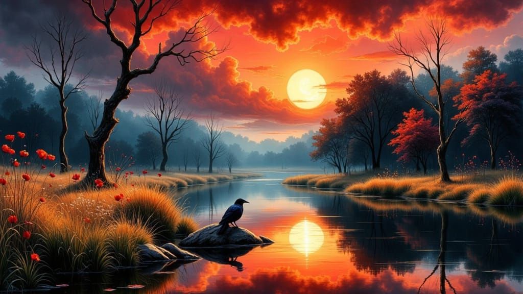 Solitary Crow at Dusk: Vibrant Impasto Painting