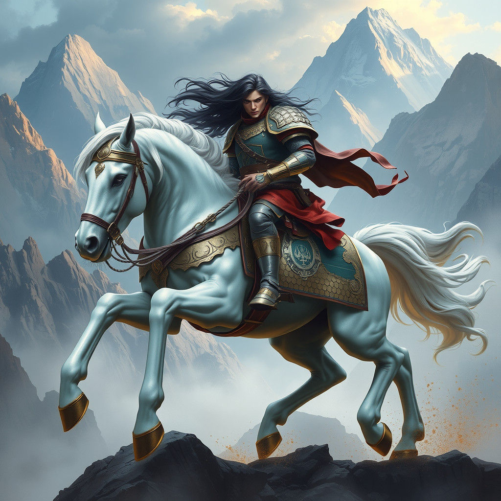 Warrior on Six-Legged Horse in Dreamlike Landscape