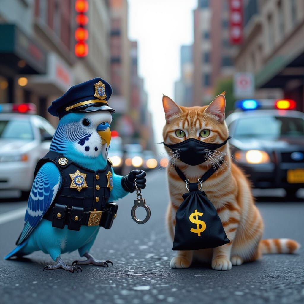 Budgie Officer Arrests Cat Burglar in Photorealistic Style