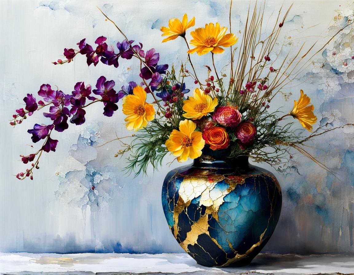 Wabi-Sabi Vase with Gold Mending and Flowers