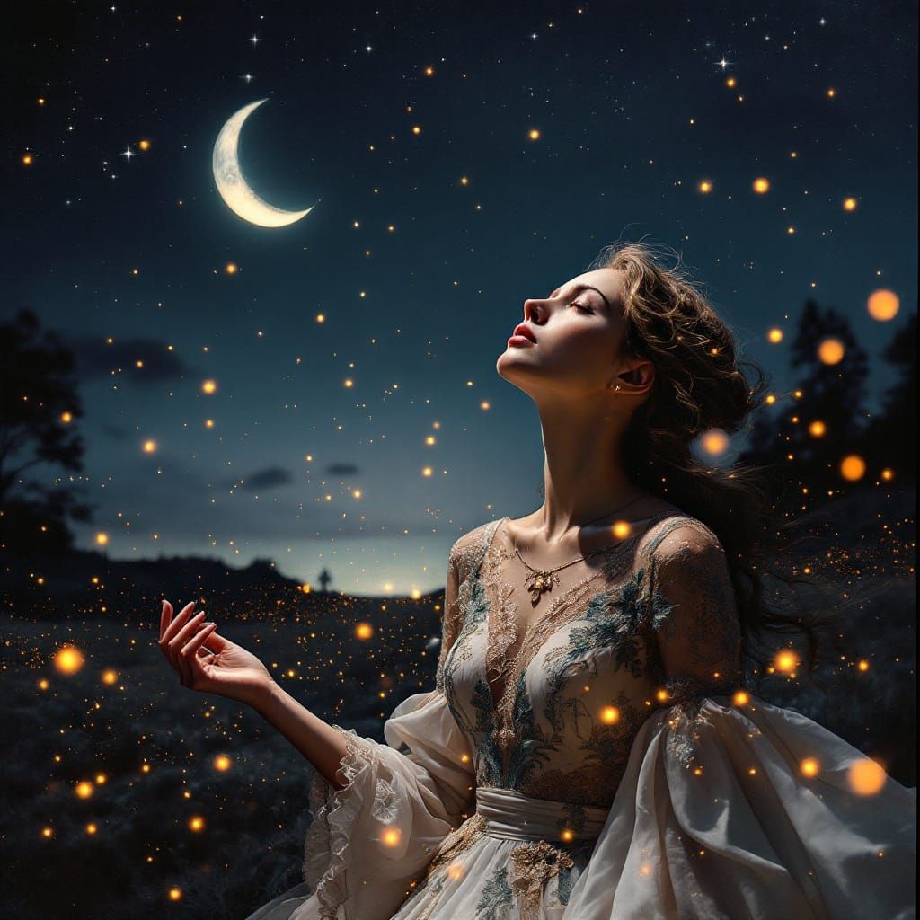 Ethereal Woman Gazing at Fireflies in Dreamy Landscape
