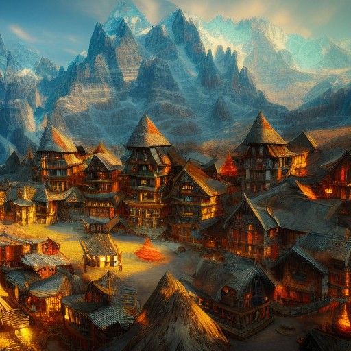 Epic Mountain Village in Detailed Matte Painting