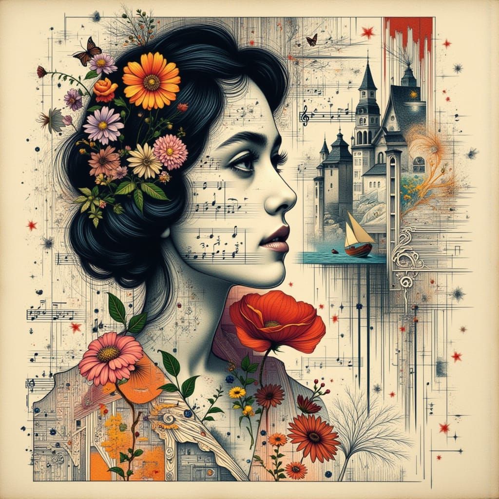 Woman's Face with Guitar and Music: Graphic Art Style