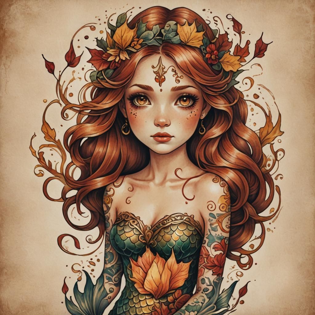 Autumn Mermaid Tattoo in Traditional Style