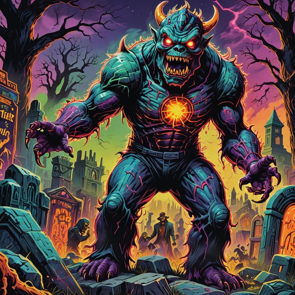 Retro Sci-Fi Monster Toy Box Art in Pulp Style