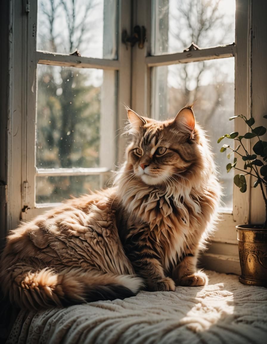 Fluffy Cat Sunbathing: Fine Art Photograph