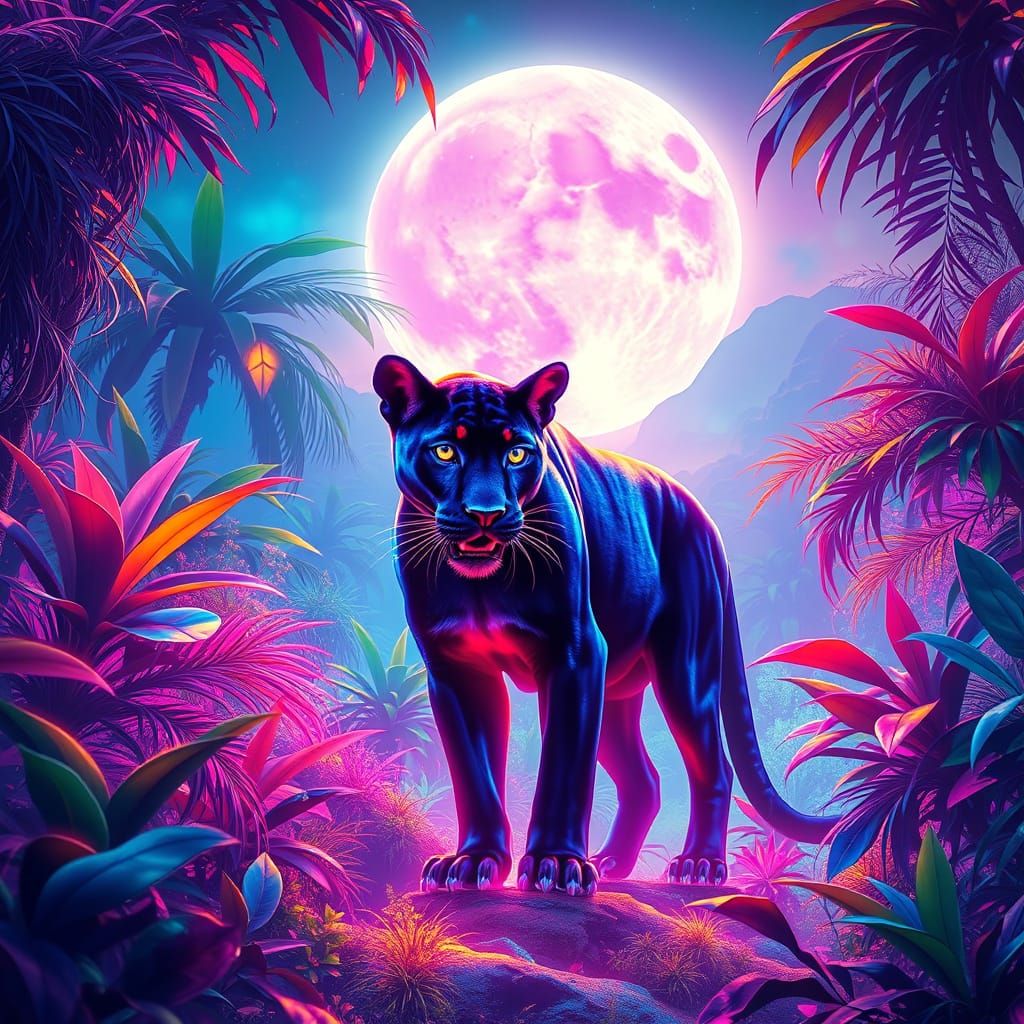 Iridescent Jungle Panther in Dreamy Moonscape