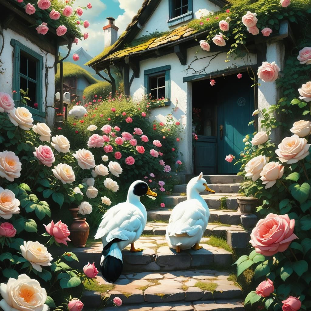 Duck and Cat in Rose Garden, Art Nouveau Style