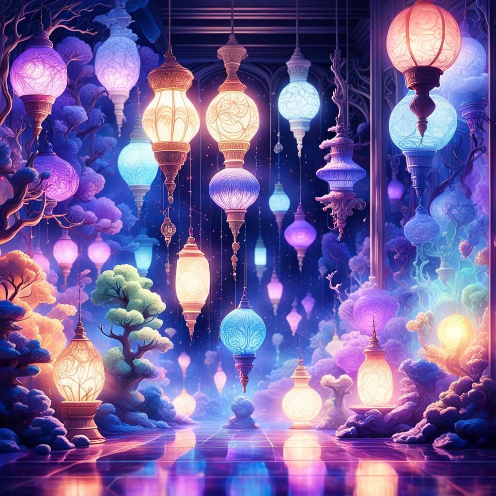 Ethereal Lamps in Dim Room, Anime Style
