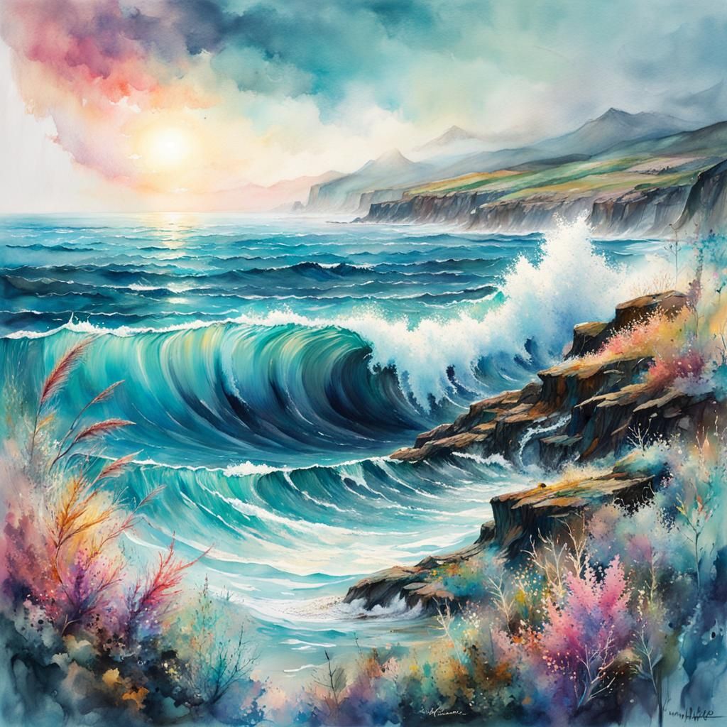 Pastel Oceanscape Watercolor Illustration with Wildlife