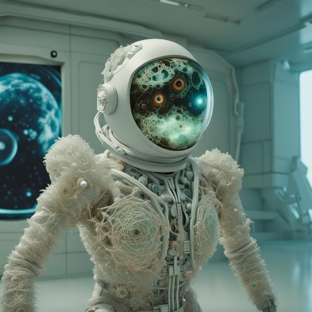Cybernetic Astronaut Symbiosis in a Sci-Fi Film Still