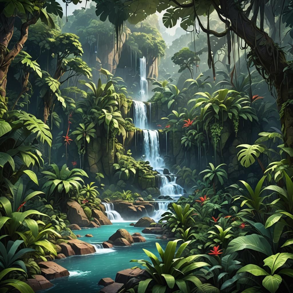 Cartoon Tropical Rainforest Waterfall in Detailed Matte Pain...