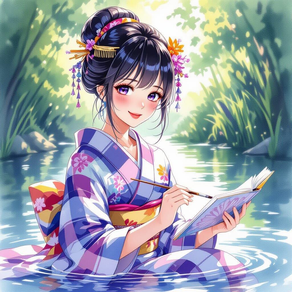 Geisha Painting in Watercolor Style