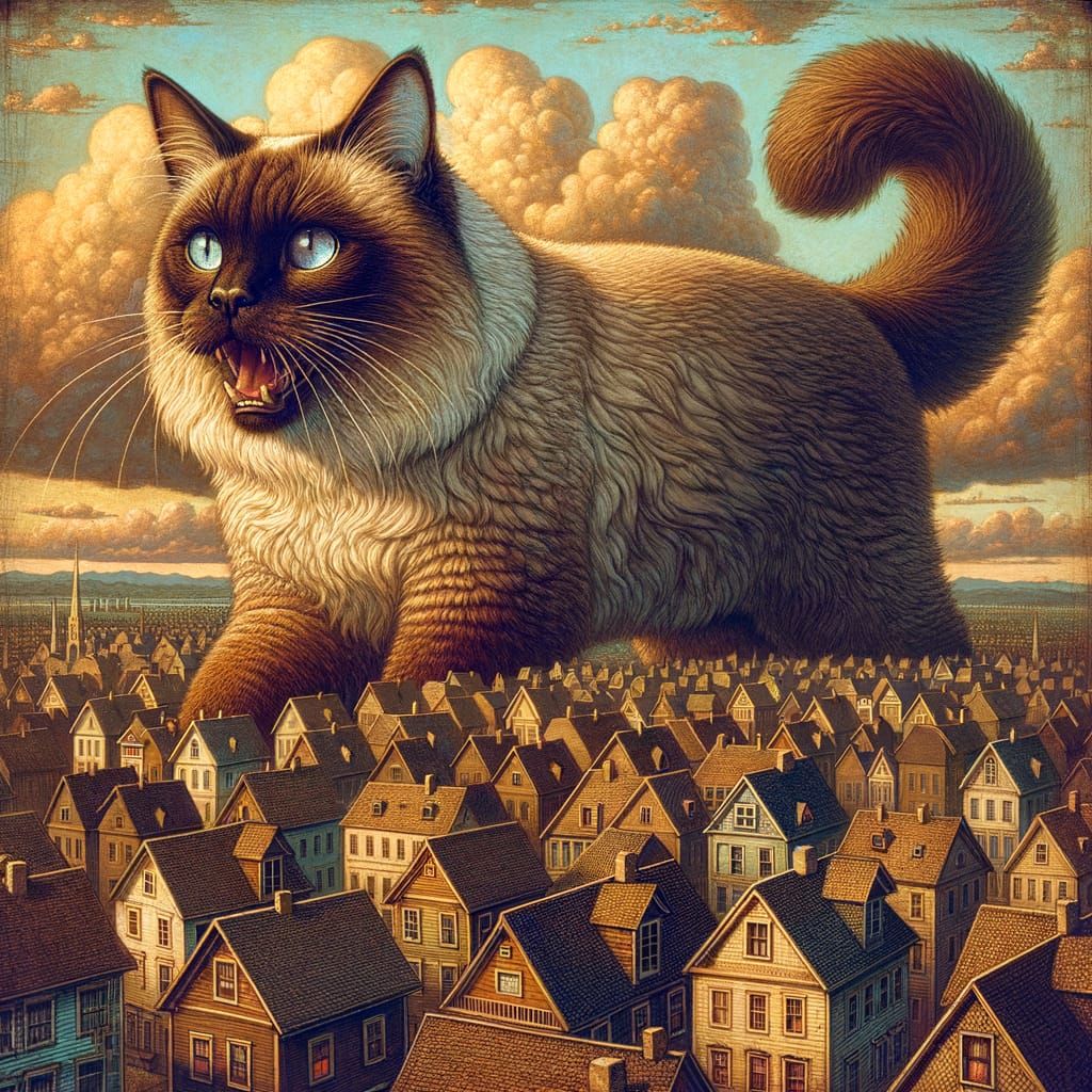 Colossal Siamese Cat Rules a Victorian Skyline
