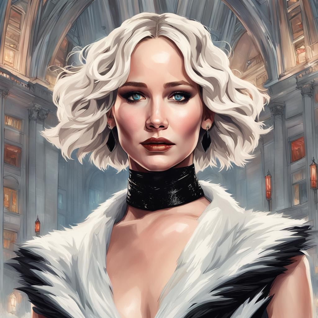 Jennifer Lawrence in a cruella de vil look at the met gala