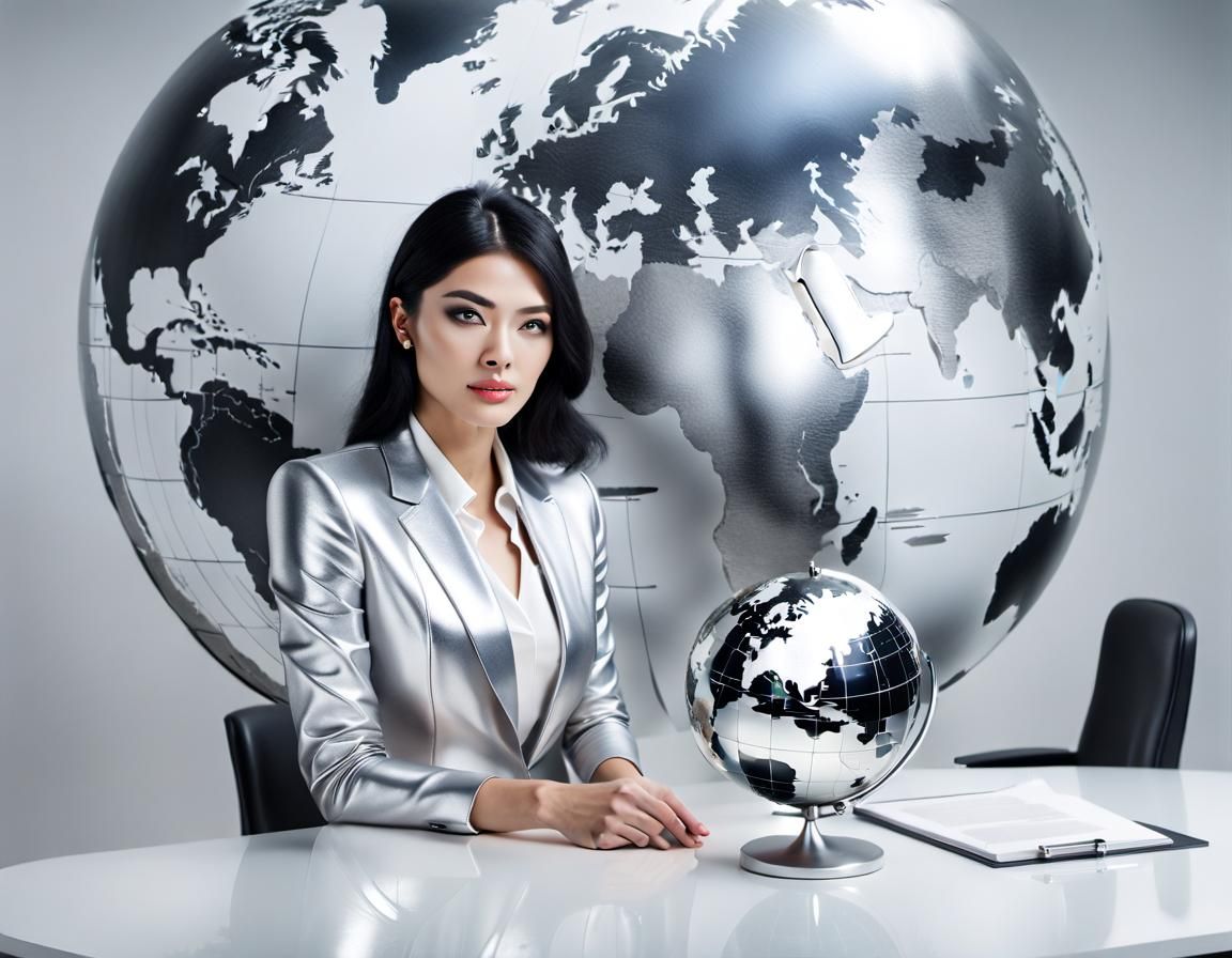 Futuristic Office Scene with Woman and Silver Globe