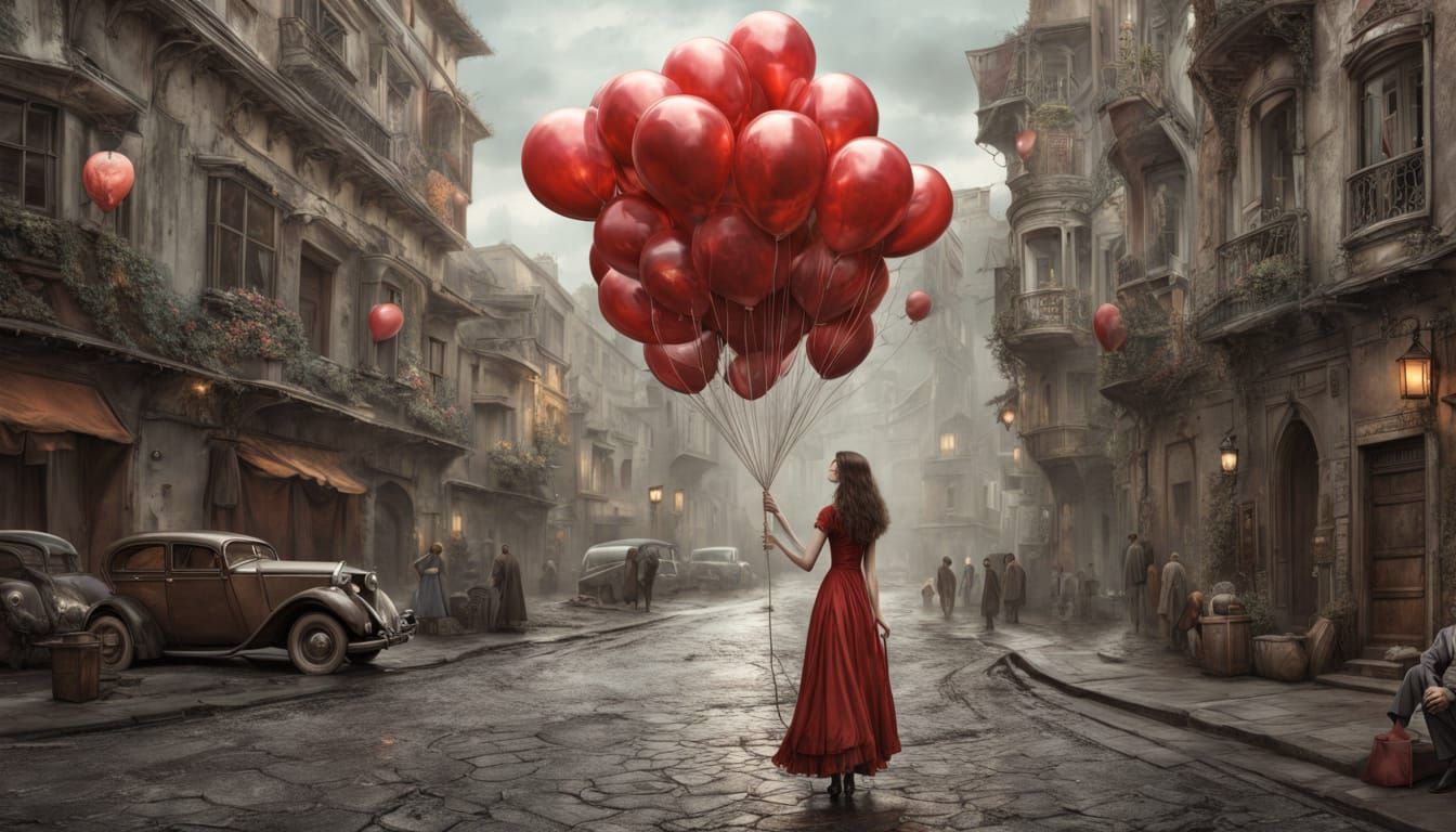 Surreal Figure With Balloon Fish in Whimsical Dreamscape