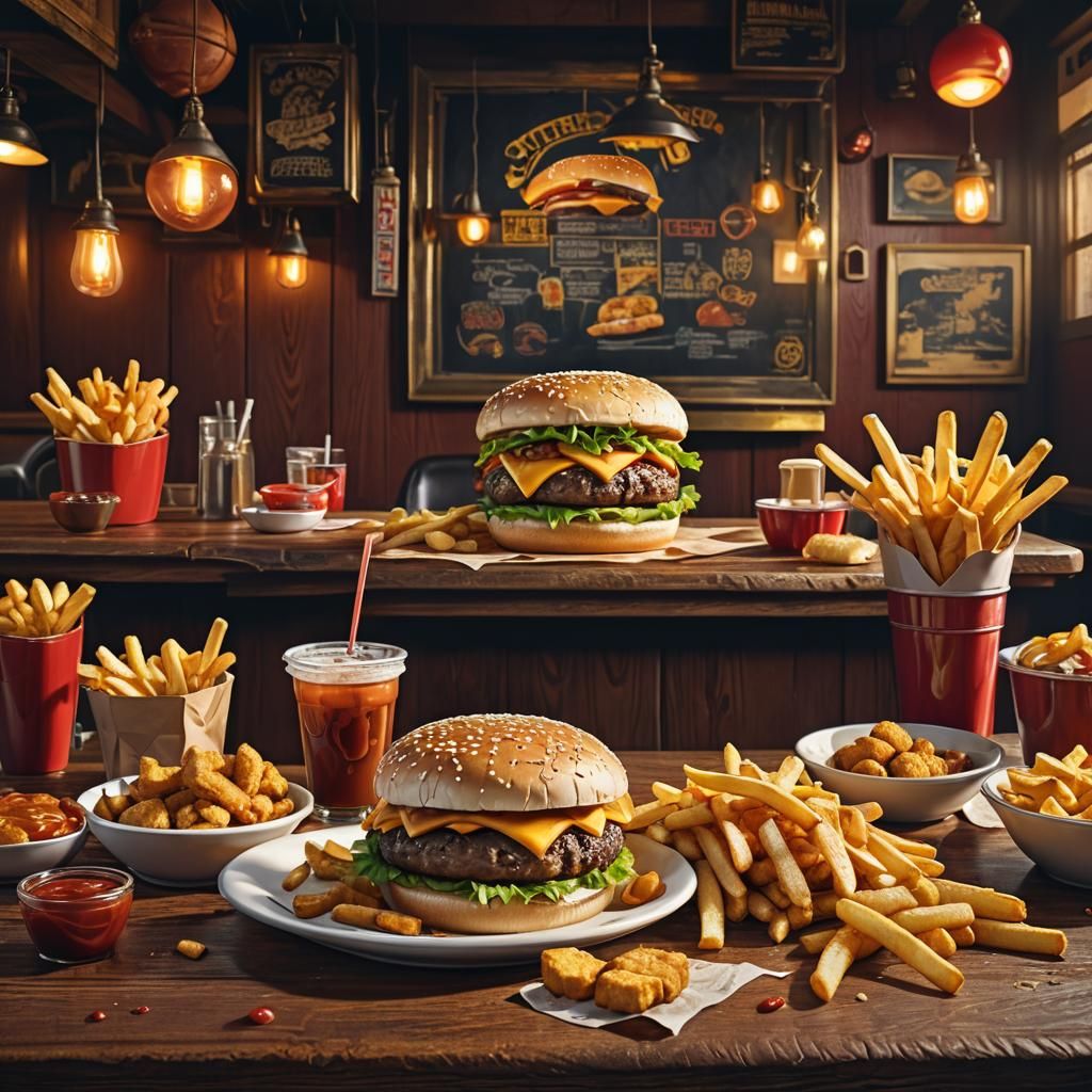 Juicy Cheeseburger Still Life, Fantasy Concept Art