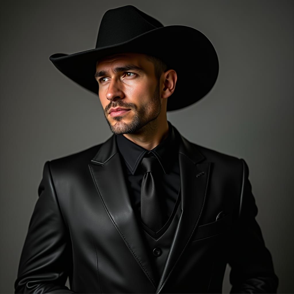 Handsome Man in Black Leather Cowboy Outfit
