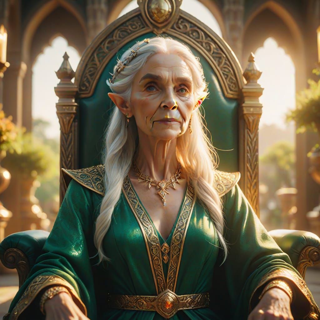 Elegant Elf Queen in Emerald Throne Room
