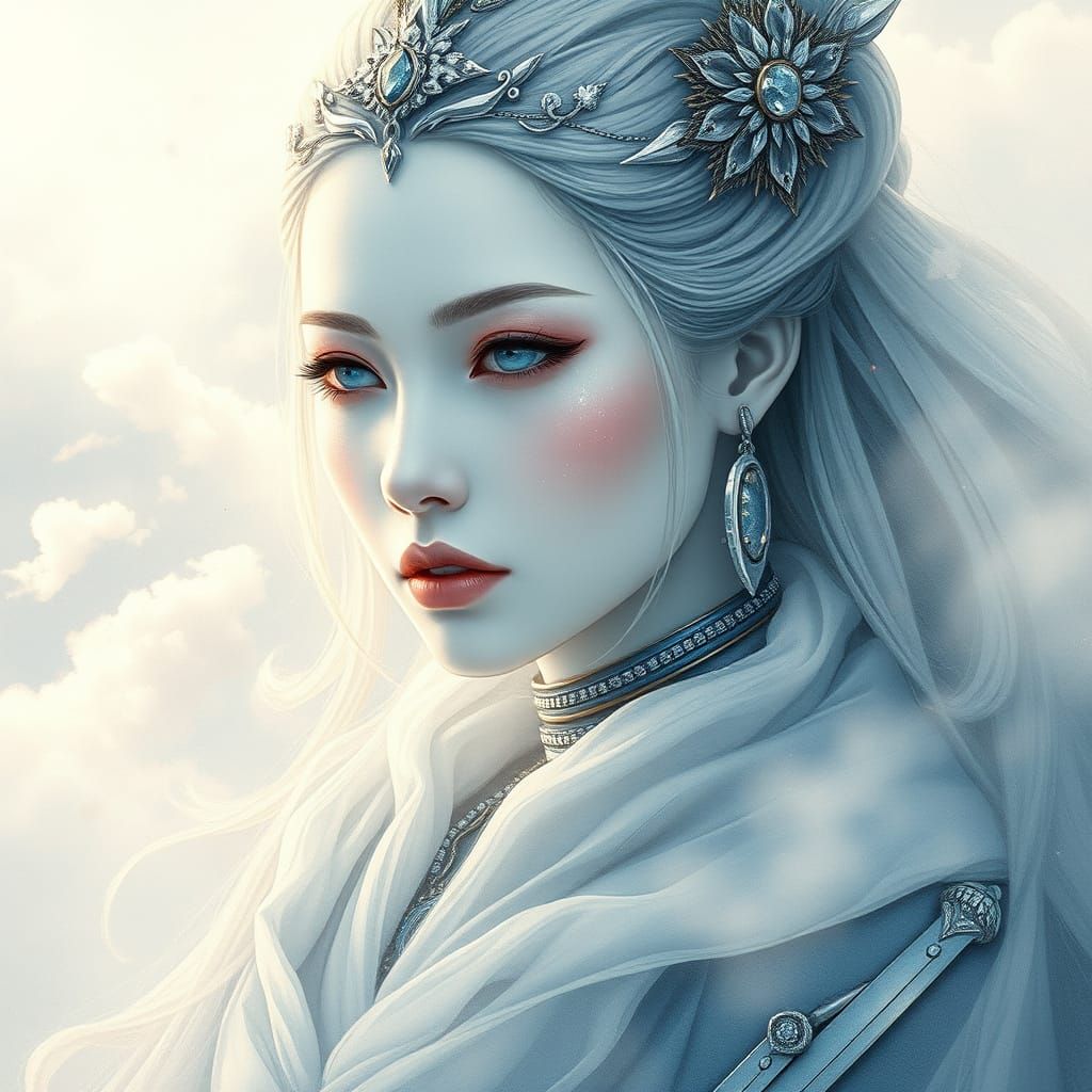 Serene Goddess of War in Futuristic Japan-Inspired Setting