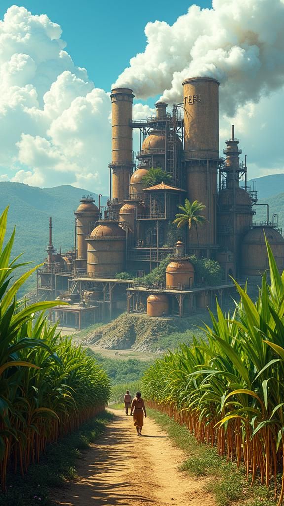 Steampunk Sugar Factory in Lush Sugarcane Landscape