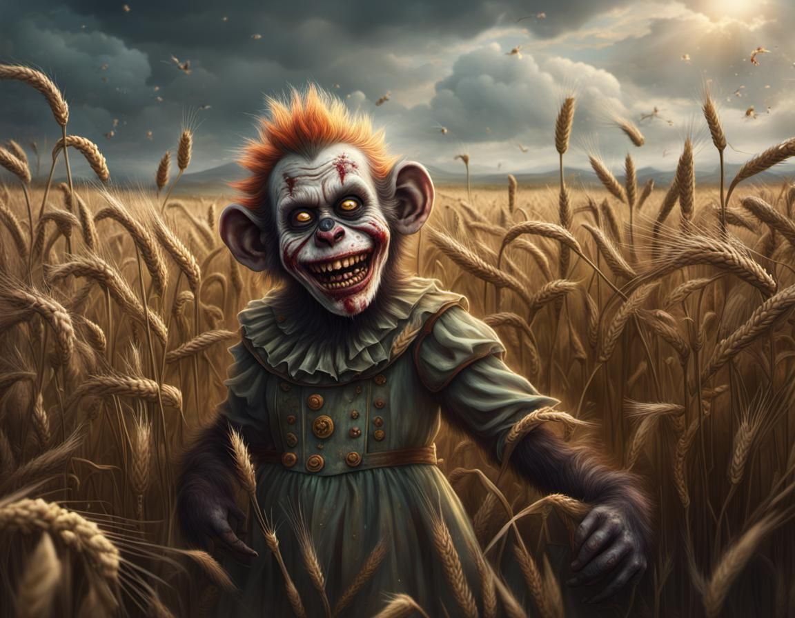 Zombie Monkey Clown in Wheat Field: Digital Matte Painting