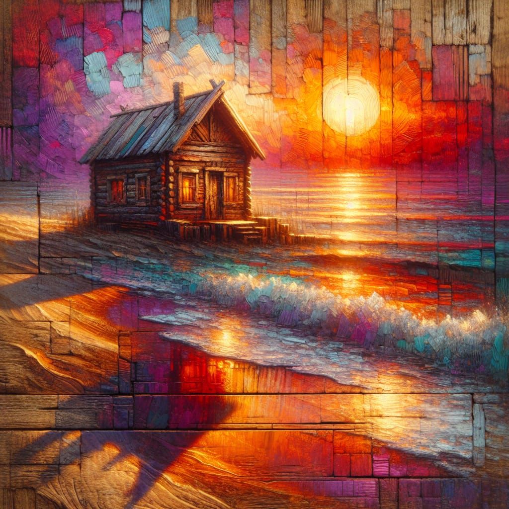 Beach Cottage Sunset Painting on Wood