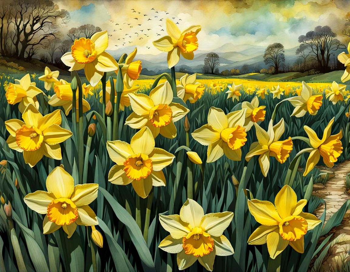 Daffodils in Springtime: Vintage Watercolor Art