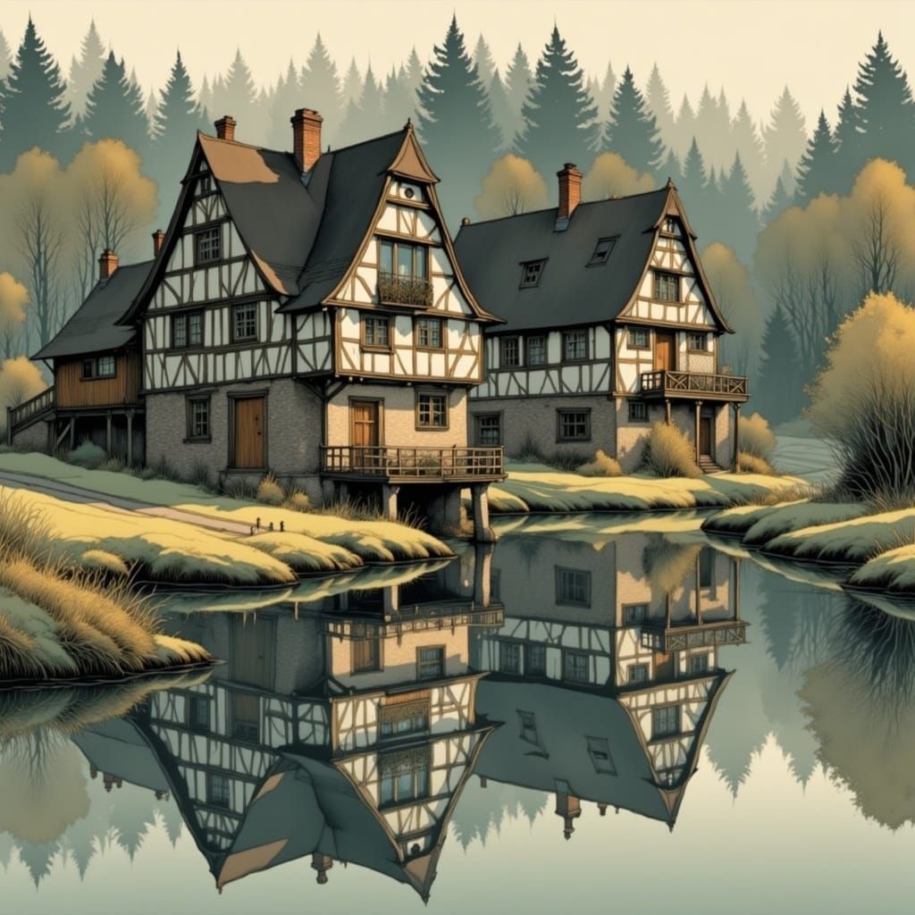 Idyllic Half-Timbered Houses Amidst Morning Fog on a Serene ...