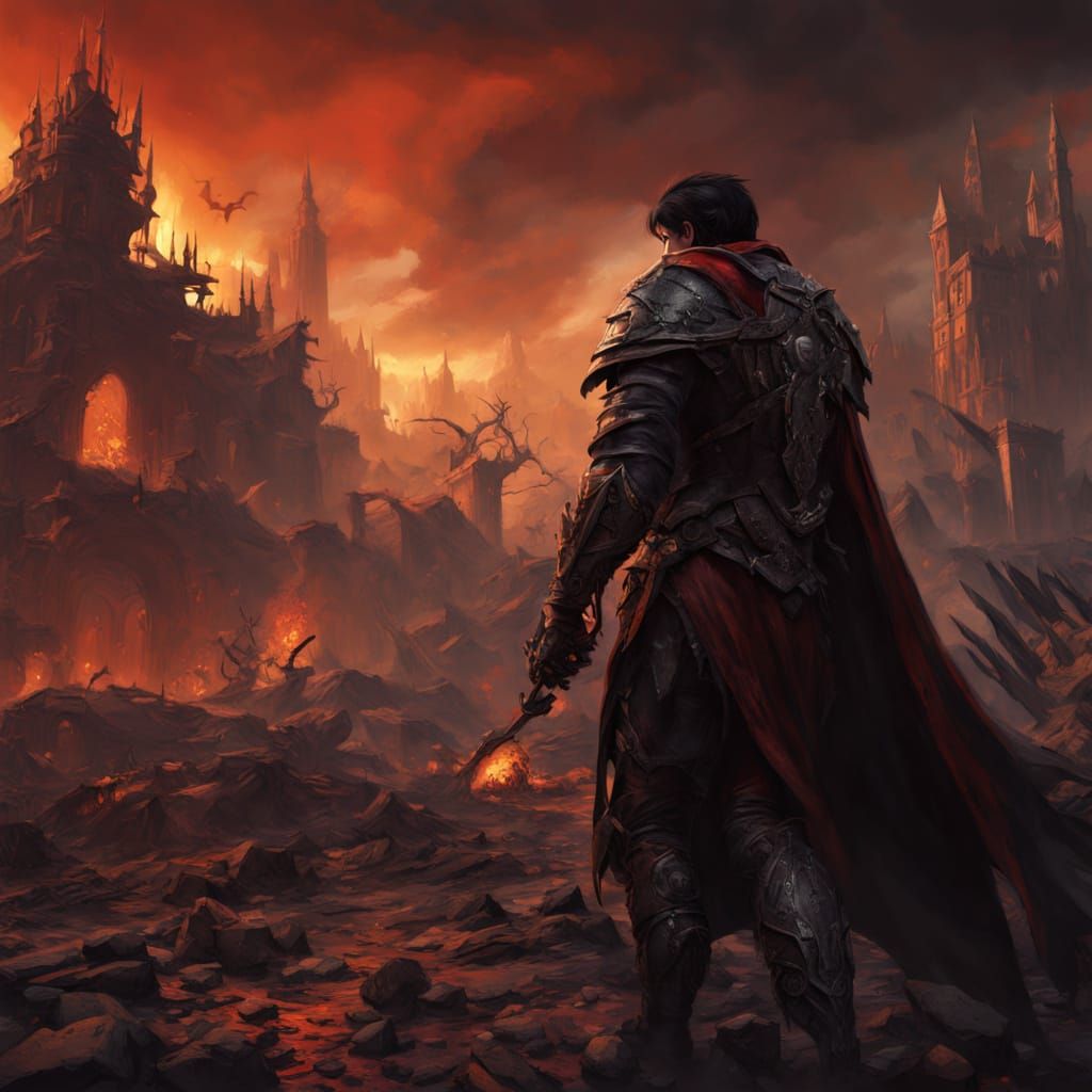 Vampire Warrior Battles Demons in Apocalyptic Landscape