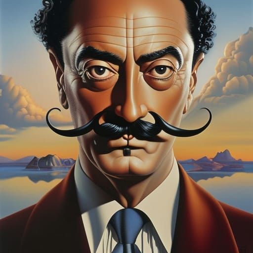 Surrealist Portrait with Curled Mustache in Comic Book Style