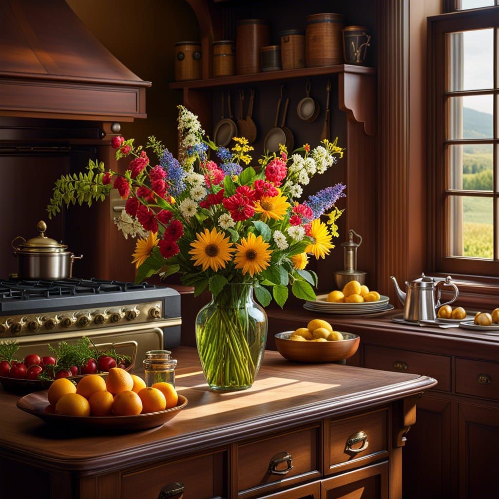 Farmhouse Kitchen with Floral Bouquet, Impressionist Oil Pai...