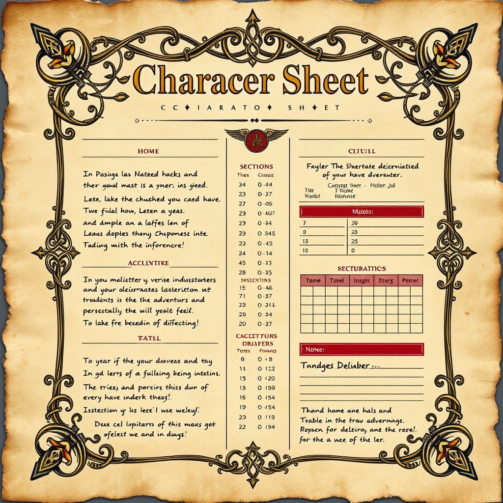 Ornate Medieval Character Sheet in Illuminated Manuscript St...