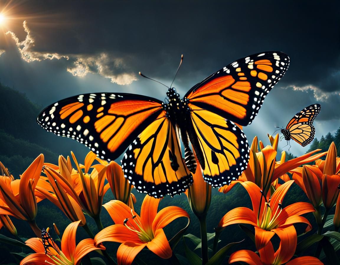 Monarch Butterflies on Orange Tiger Lilies