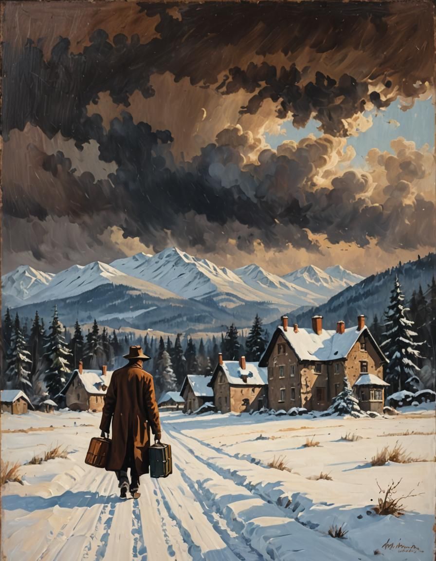 A Man in a Long Brown Coat Walks Towards an Isolated Manor U...