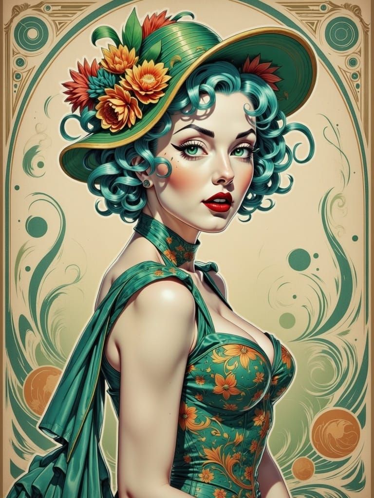 Woman in Renaissance Gown, Art Nouveau Style