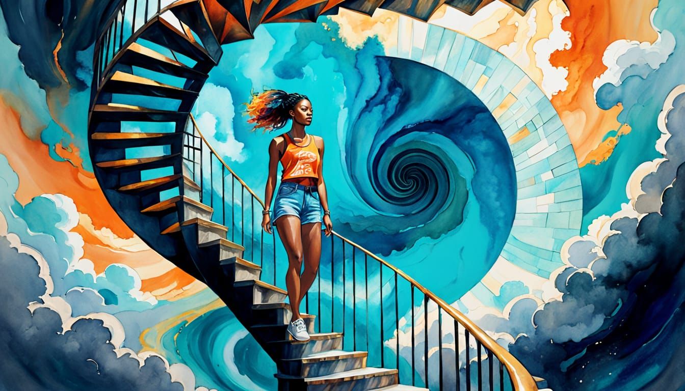 Woman Ascending Spiral Staircase in Fauvist Watercolor
