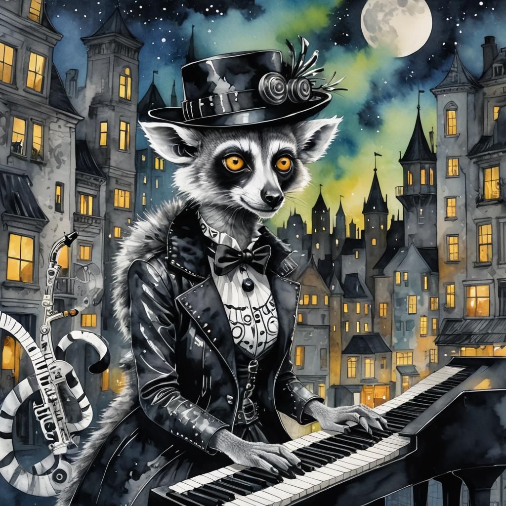 Gothic Lemur Jazz Musician in Surreal Cityscape