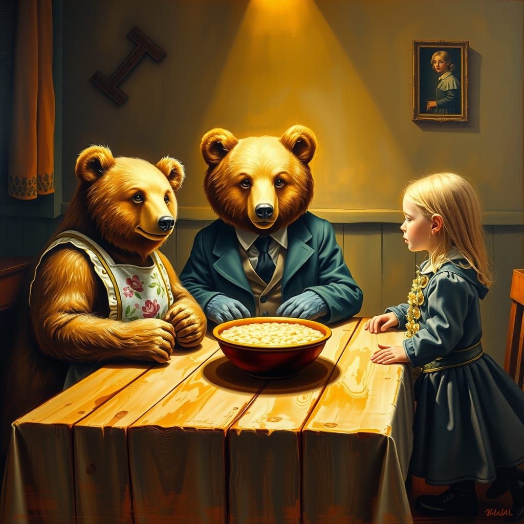 The Three Bears Enjoying Porridge as Oil Painting