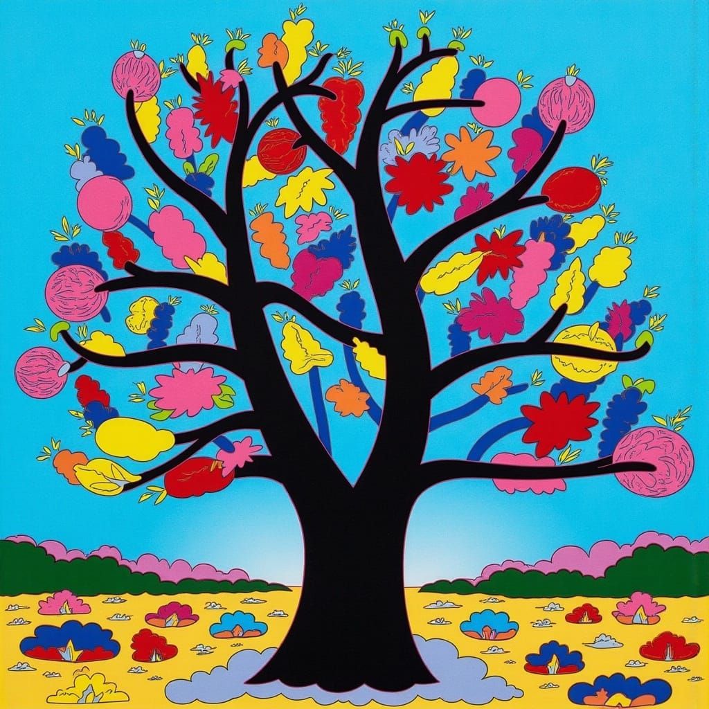 <lora:Chicago Imagists:1.0> A tree bearing unusual colorful fruit