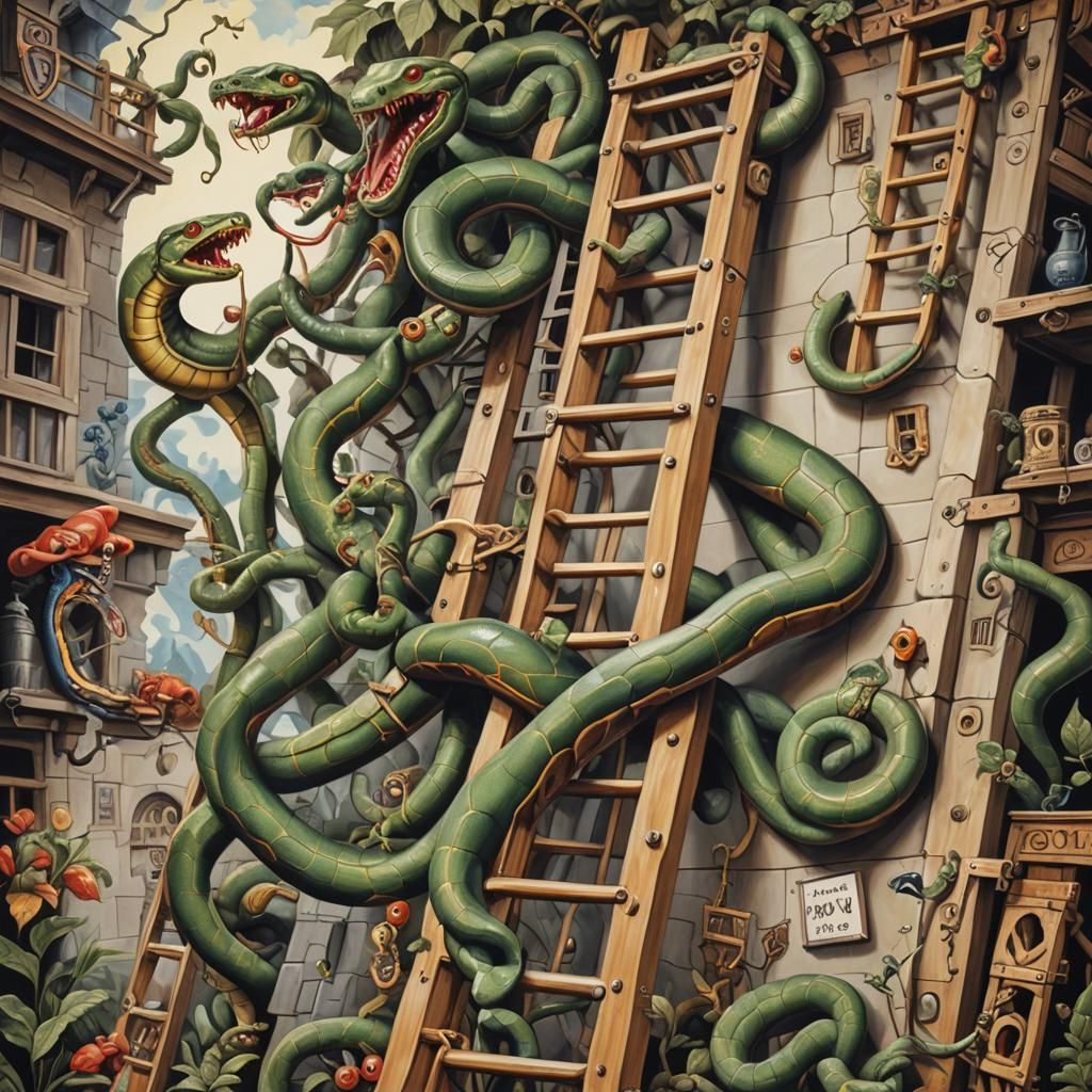 Snakes Climbing Ladders in Lowbrow Art Style