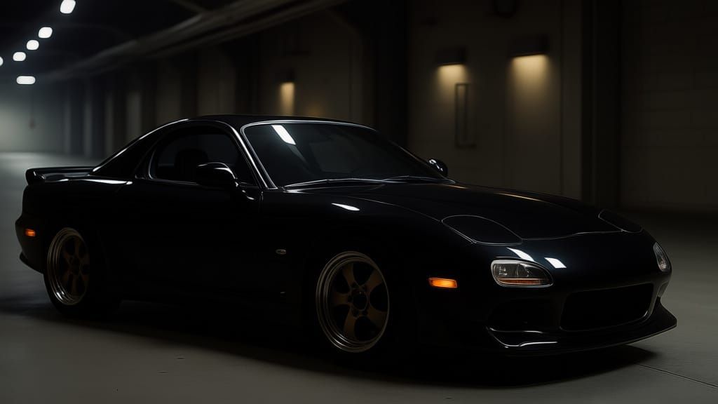 Mazda RX-7 FD with Woman in Leather Bodysuit