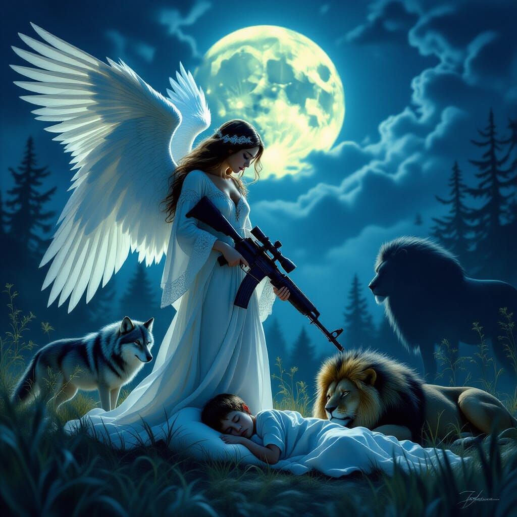 Angel Guarding Sleeping Boy with Wild Animals in Dark Fantas...