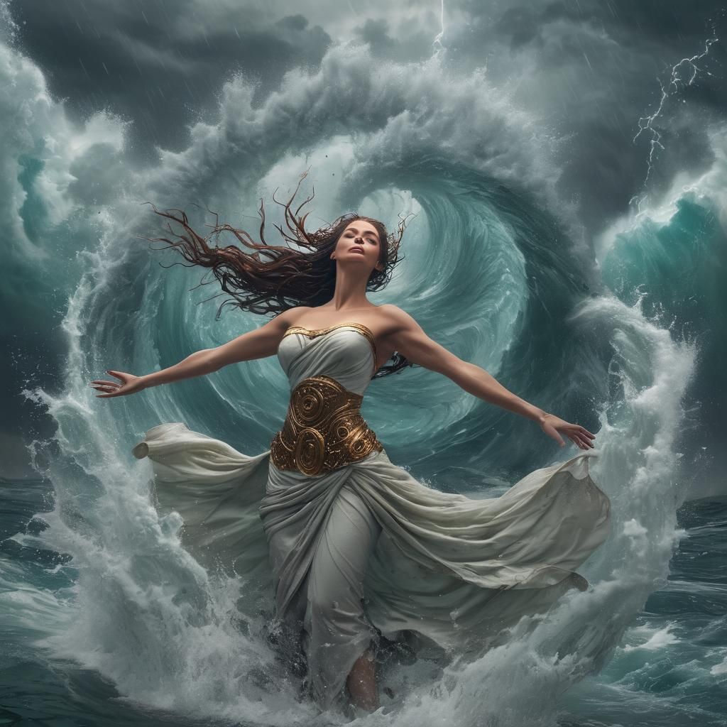Mythical Goddess Embraces Stormy Waters