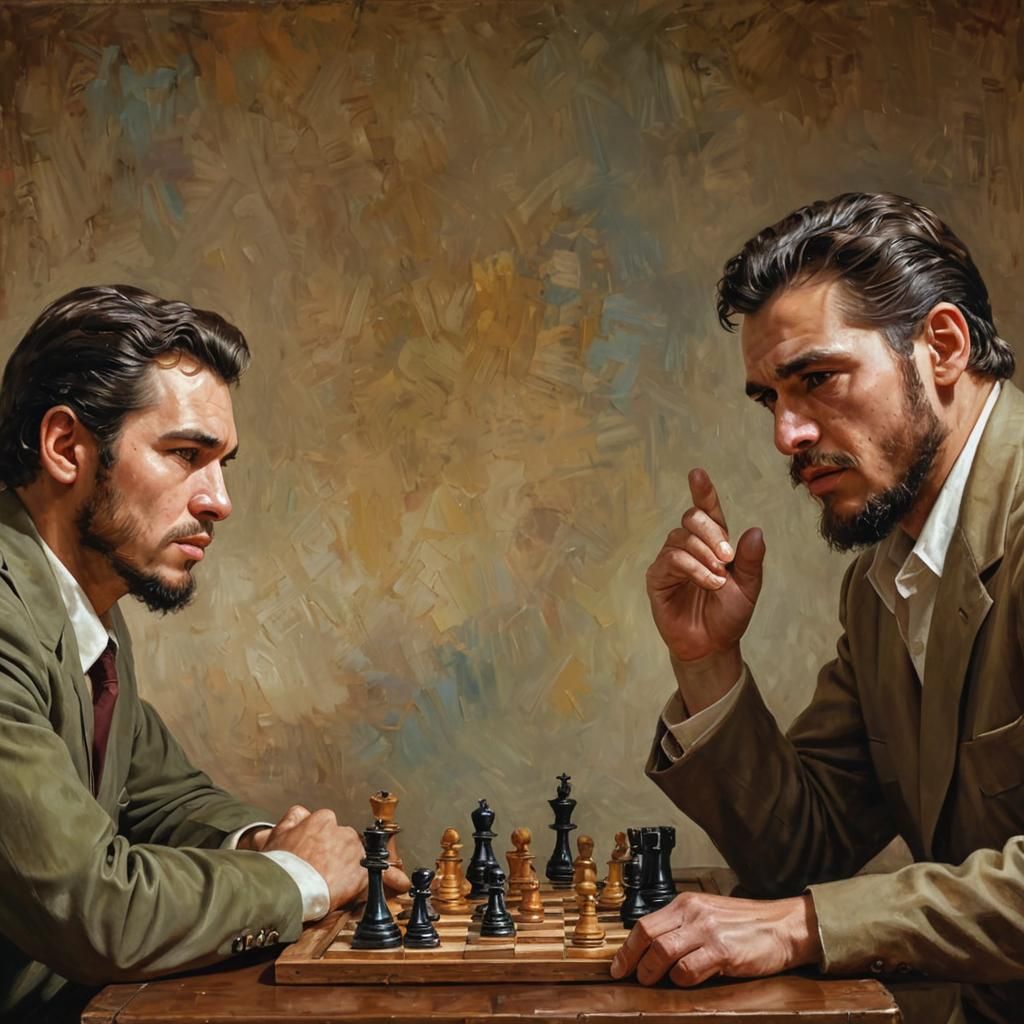 Che Guevara and Fidel Castro play intense chess. Medium shot...