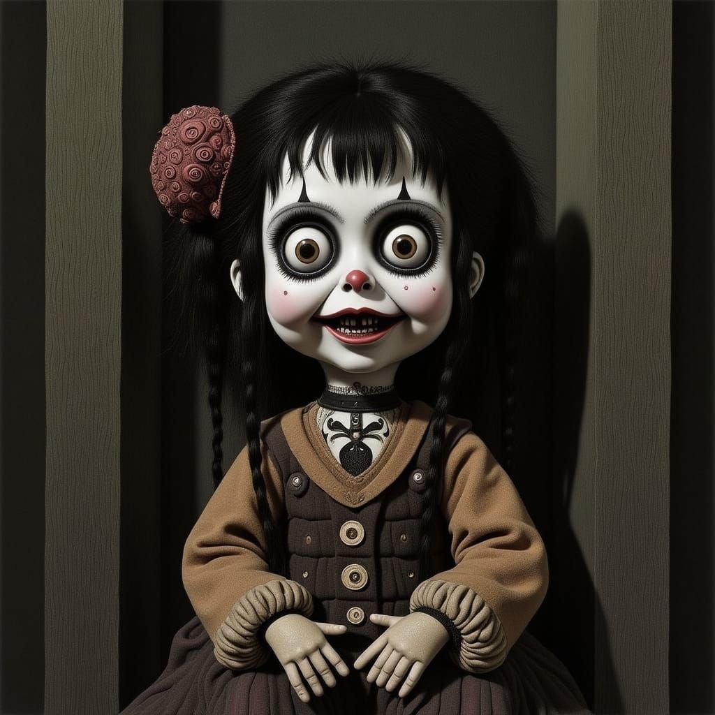 A creepy ventriloquist's doll with an evil grin, sitting alone in a corner, staring at you. <lora:HEXEN HOLLOW:1.0>