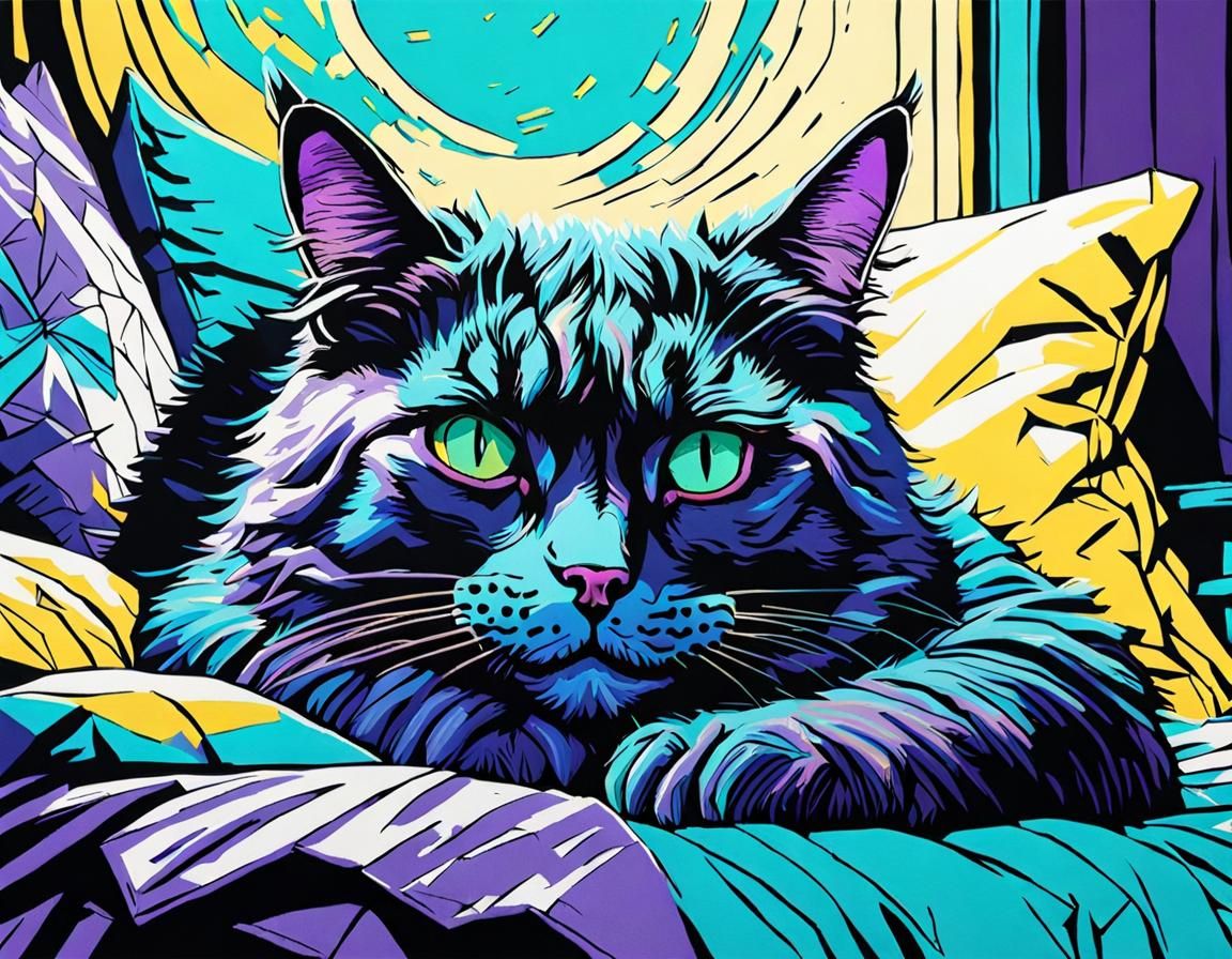 Depressed Cat in Bed as Impasto Blacklight Painting