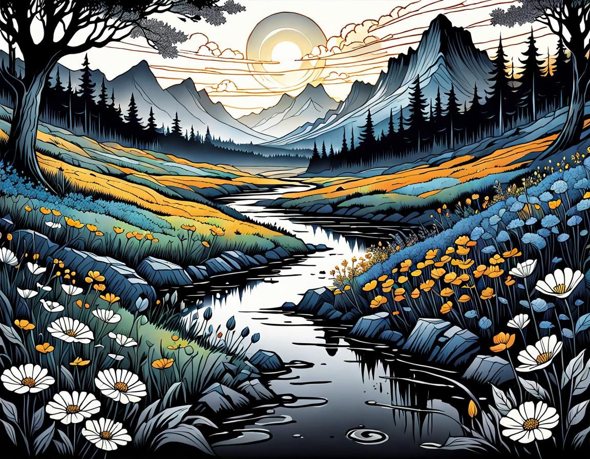 Abstract Wildflower Landscape Coloring Book Page