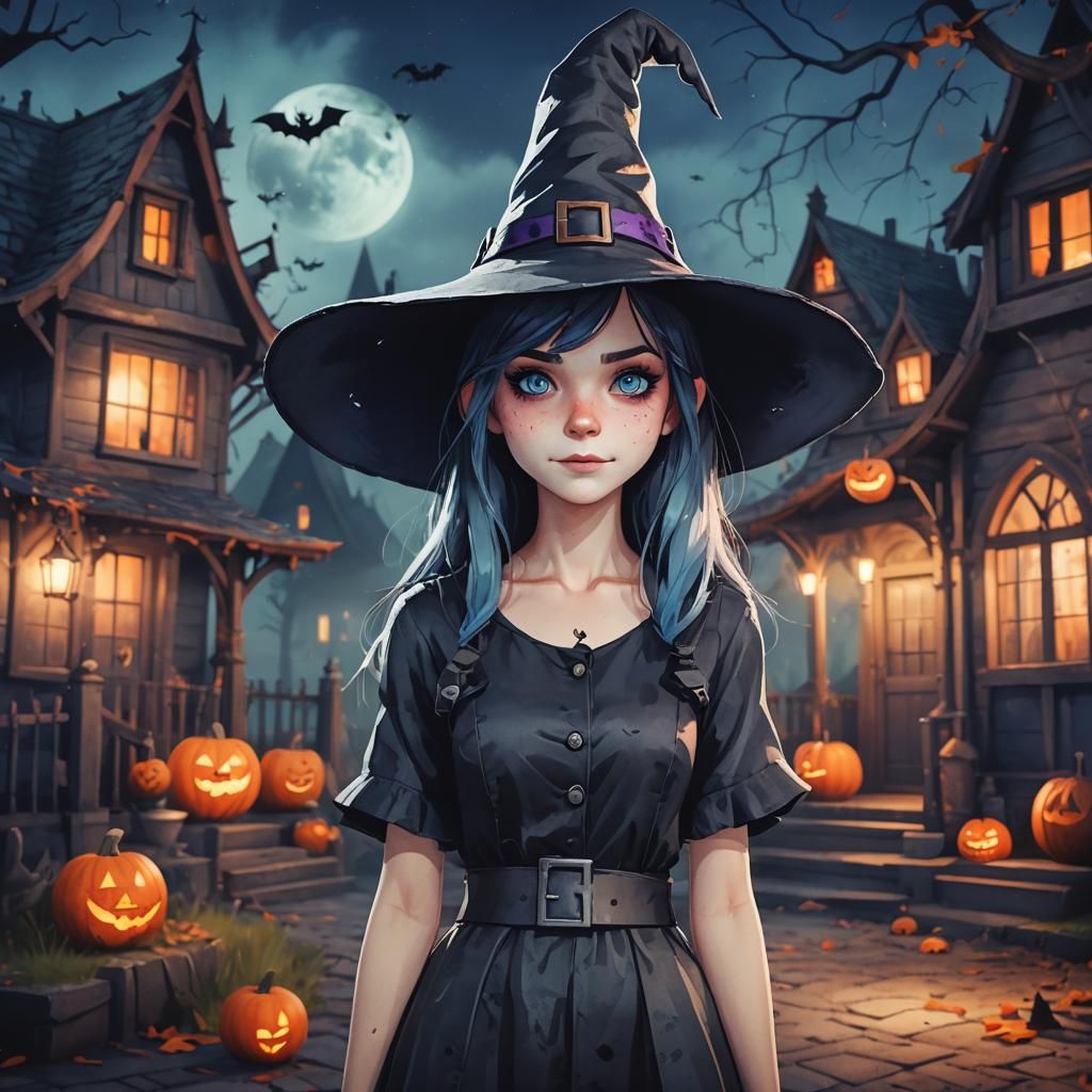 Halloween Witch in Watercolor Style with Haunted House